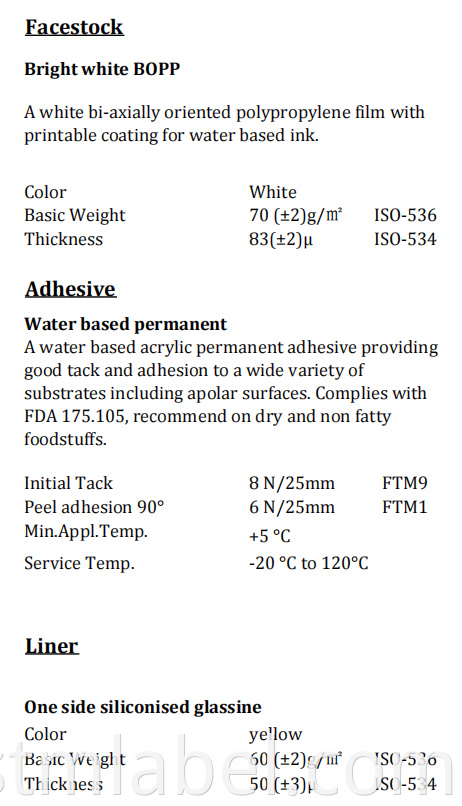 Bright White Inkjet Bopp Tc Water Based Permanentyellow Glassine